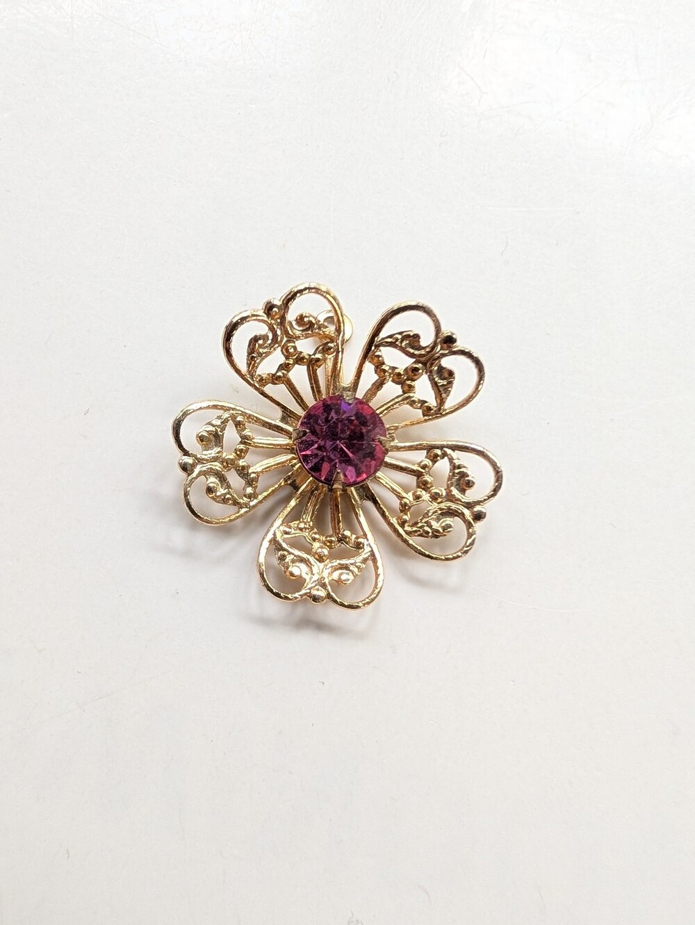 Vintage Victorian Style Gold Tone Filigree Flower Pink Glass Rhinestone Pendant